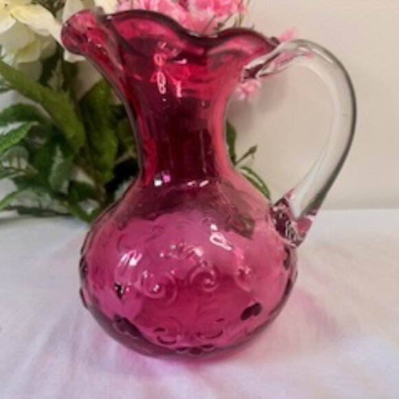 Vintage Cranberry Glass Pitcher – 20 oz Clear Handle‎ Swirl Design - Picture 1 of 4
